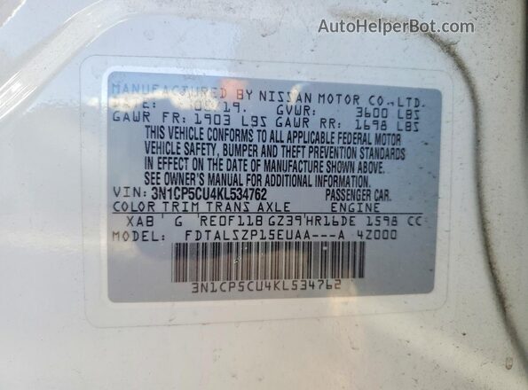 3N1CP5CU4KL534762 2019 NISSAN KICKS White VIN sticker view