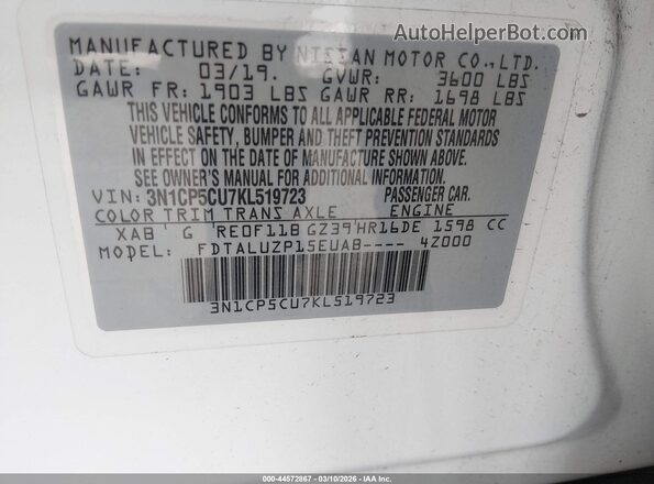3N1CP5CU7KL519723 2019 NISSAN KICKS Белый Вид подкапотного пространства