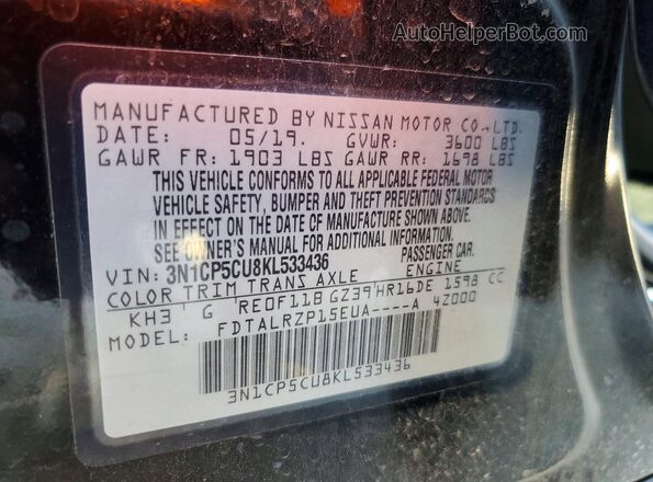 3N1CP5CU8KL533436 2019 NISSAN KICKS Black Widok naklejki z numerem VIN