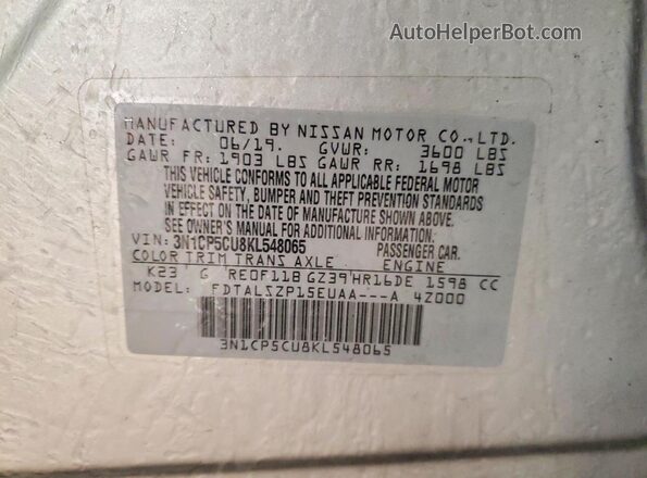 3N1CP5CU8KL548065 2019 NISSAN KICKS Серебряный Вид наклейки с VIN-кодом