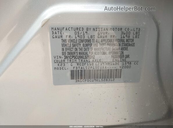 3N1CP5CU9KL528312 2019 NISSAN KICKS Silver Vista del compartimento del motor