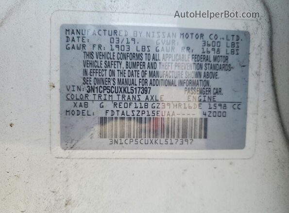 3N1CP5CUXKL517397 2019 NISSAN KICKS White Widok naklejki z numerem VIN