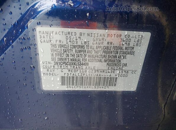 3N1CP5CUXKL534409 2019 NISSAN KICKS Blue VIN sticker view