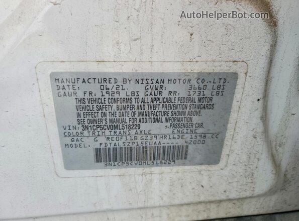 3N1CP5CV0ML518229 2021 NISSAN KICKS White Vista de la etiqueta del VIN