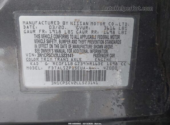 3N1CP5CV2LL523141 2020 NISSAN KICKS Black ძრავის განყოფილების ხედი
