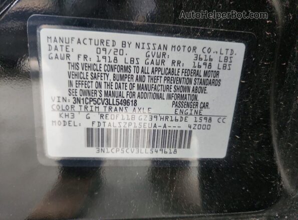 3N1CP5CV3LL549618 2020 NISSAN KICKS Черный Вид наклейки с VIN-кодом