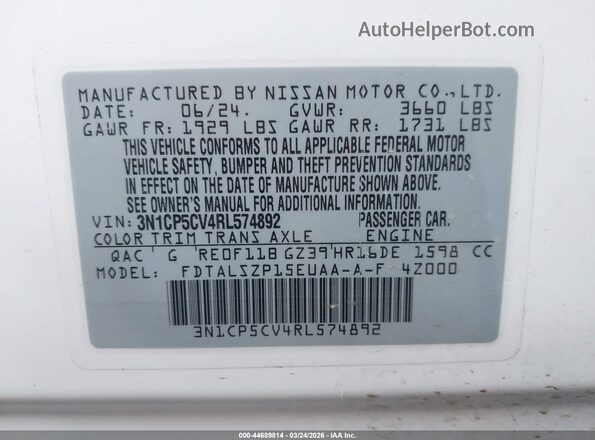 3N1CP5CV4RL574892 2024 NISSAN KICKS White ძრავის განყოფილების ხედი