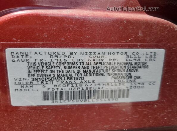 3N1CP5DV2LL551570 2020 NISSAN KICKS Красный Панорамный вид салона 360°
