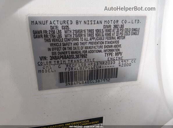 3N8AP6BA0SL387992 2025 NISSAN KICKS White Vista del compartimento del motor