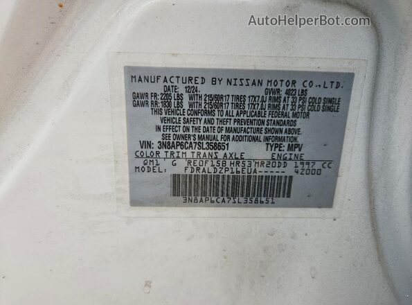 3N8AP6CA7SL358651 2025 NISSAN KICKS White VIN կոդի պիտակի տեսք