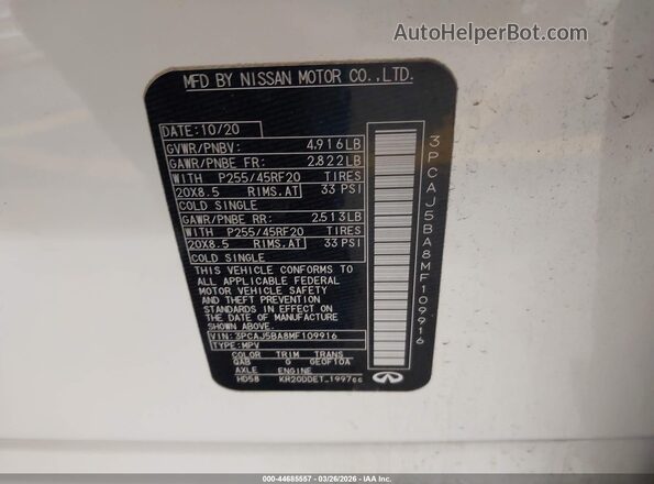 3PCAJ5BA8MF109916 2021 INFINITI QX50 White Engine compartment view