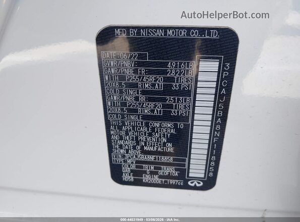 3PCAJ5BA8NF118858 2022 INFINITI QX50 White Вид підкапотного простору