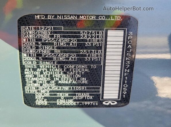 3PCAJ5K37NF110591 2022 INFINITI QX55 Blue Vista de la etiqueta del VIN