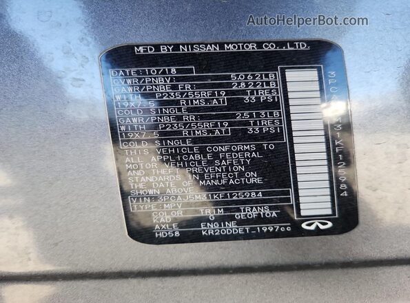 3PCAJ5M31KF125984 2019 INFINITI QX50 Серый Вид наклейки с VIN-кодом