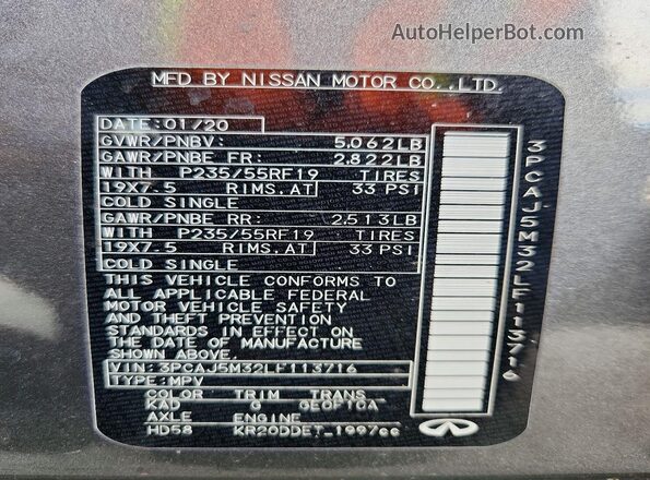 3PCAJ5M32LF113716 2020 INFINITI QX50 Серый Вид наклейки с VIN-кодом