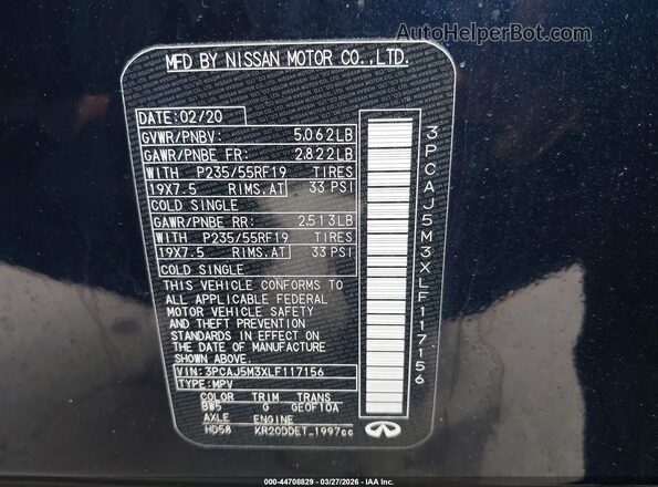 3PCAJ5M3XLF117156 2020 INFINITI QX50 Blue Engine compartment view