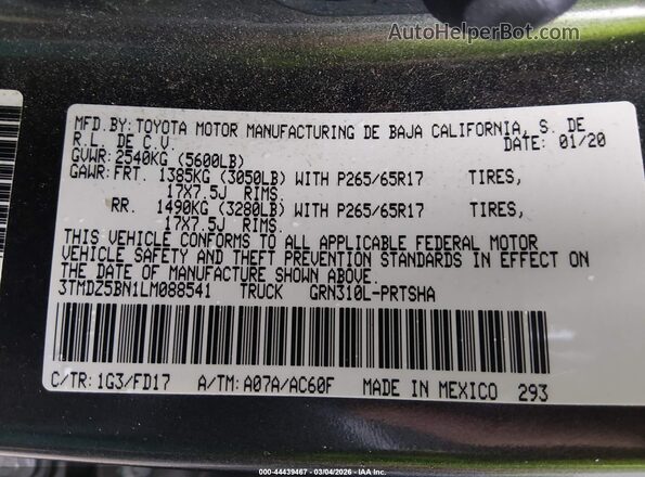 3TMDZ5BN1LM088541 2020 TOYOTA TACOMA 4WD Gray Engine compartment view