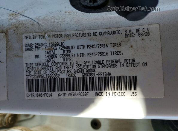 3TYCZ5AN0LT006932 2020 TOYOTA TACOMA White VIN sticker view