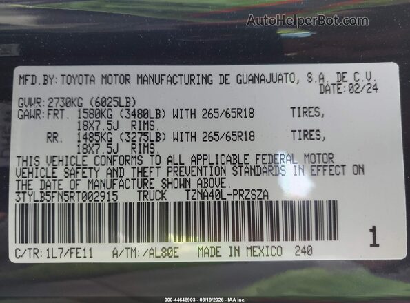 3TYLB5FN5RT002915 2024 TOYOTA TACOMA Gray ძრავის განყოფილების ხედი