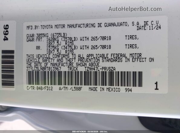 3TYLC5LN0RT013967 2024 TOYOTA TACOMA HYBRID White Engine compartment view