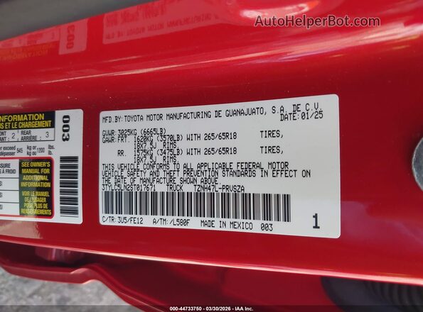 3TYLC5LN2ST017671 2025 TOYOTA TACOMA HYBRID Red Vista del compartimento del motor