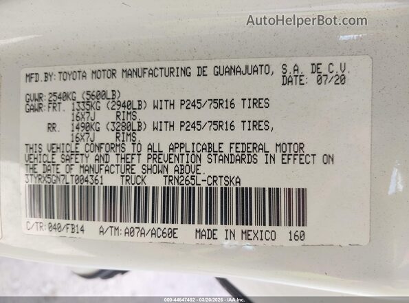 3TYRX5GN7LT004361 2020 TOYOTA TACOMA White Вид підкапотного простору