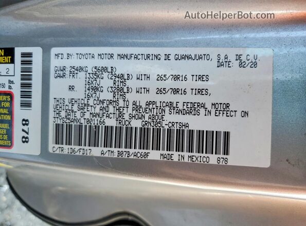 3TYSZ5ANXLT001166 2020 TOYOTA TACOMA Silver Vista del compartimento del motor