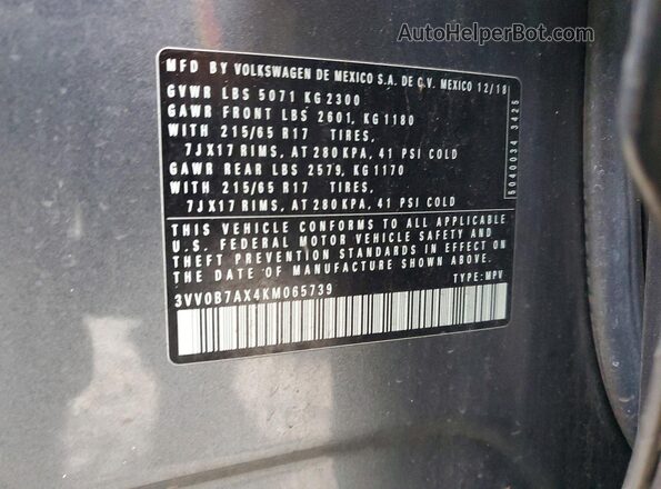 3VV0B7AX4KM065739 2019 VOLKSWAGEN TIGUAN Gray VIN კოდის სტიკერის ხედი