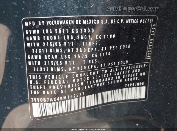 3VV0B7AX4KM162827 2019 VOLKSWAGEN TIGUAN Green Вид підкапотного простору