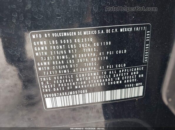 3VV0B7AX6JM057088 2018 VOLKSWAGEN TIGUAN Black 