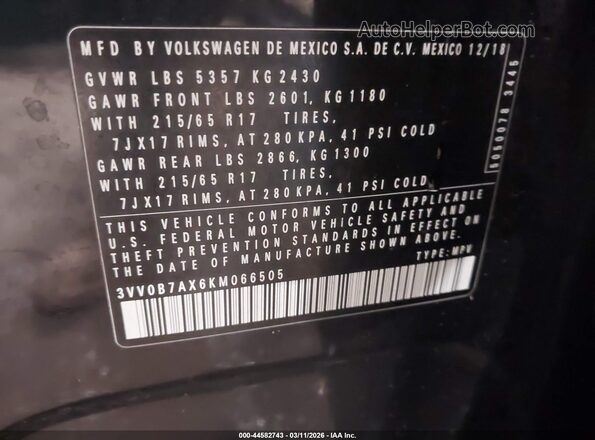 3VV0B7AX6KM066505 2019 VOLKSWAGEN TIGUAN Черный Вид подкапотного пространства