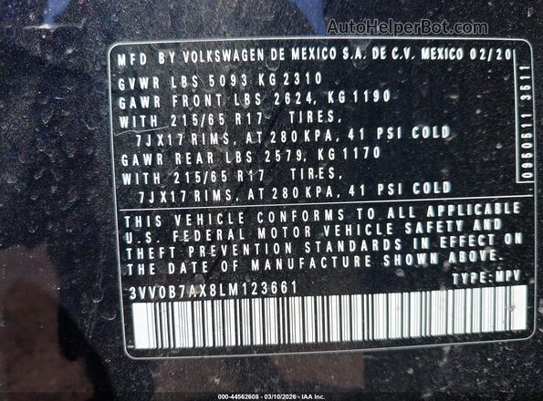 3VV0B7AX8LM123661 2020 VOLKSWAGEN TIGUAN Черный Вид подкапотного пространства