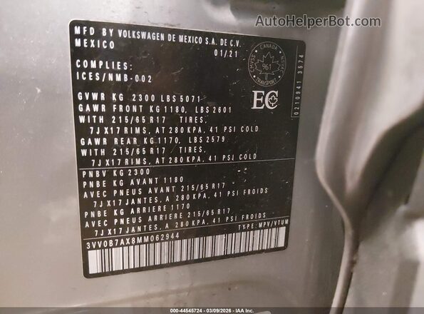 3VV0B7AX8MM062944 2021 VOLKSWAGEN TIGUAN Gray Widok komory silnika