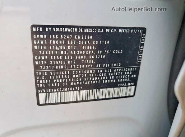 3VV1B7AX2JM104797 2018 VOLKSWAGEN TIGUAN Gray Вид наклейки з VIN-кодом