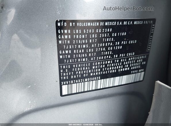 3VV1B7AX2LM034625 2020 VOLKSWAGEN TIGUAN Silver Widok komory silnika