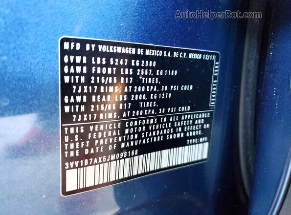 3VV1B7AX5JM098168 2018 VOLKSWAGEN TIGUAN Синий Вид подкапотного пространства