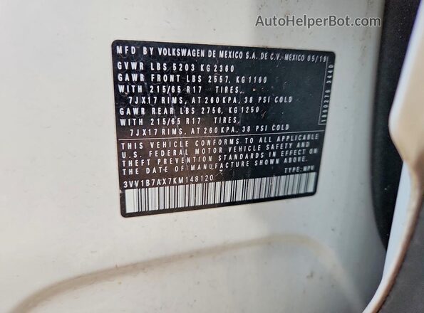 3VV1B7AX7KM148120 2019 VOLKSWAGEN TIGUAN Белый Вид наклейки с VIN-кодом
