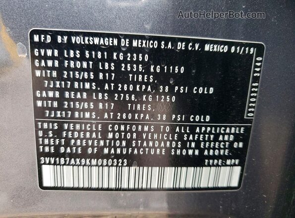 3VV1B7AX9KM080323 2019 VOLKSWAGEN TIGUAN Gray Widok naklejki z numerem VIN