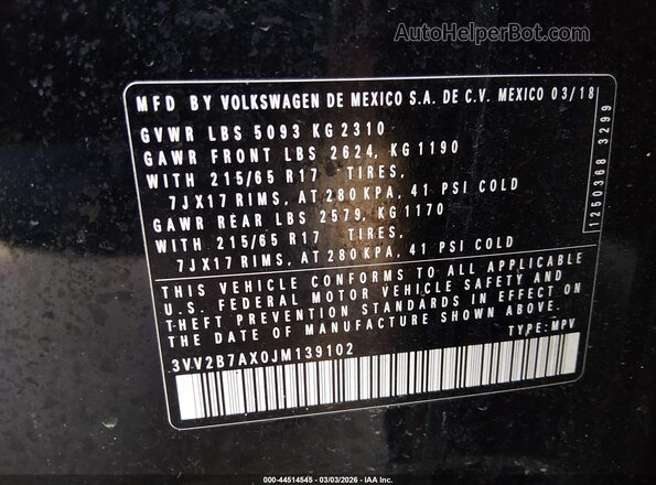 3VV2B7AX0JM139102 2018 VOLKSWAGEN TIGUAN Black Engine compartment view