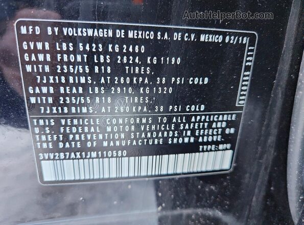 3VV2B7AX1JM110580 2018 VOLKSWAGEN TIGUAN Black Панорамний вид салону 360°