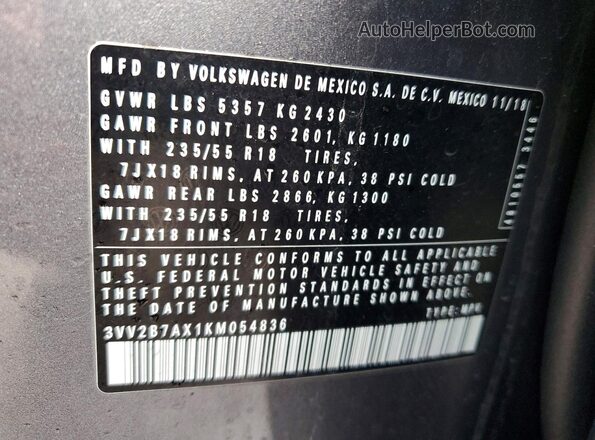 3VV2B7AX1KM054836 2019 VOLKSWAGEN TIGUAN Серый Вид наклейки с VIN-кодом