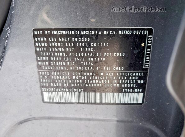 3VV2B7AX2KM199982 2019 VOLKSWAGEN TIGUAN Gray Widok wnętrza 360 stopni