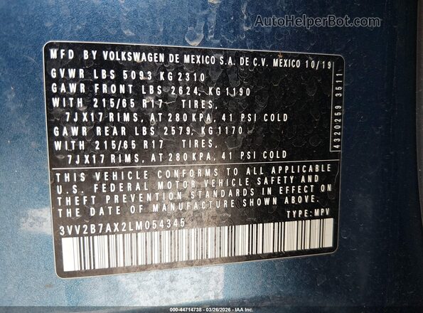 3VV2B7AX2LM054345 2020 VOLKSWAGEN TIGUAN Blue ძრავის განყოფილების ხედი