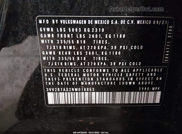 3VV2B7AX2NM018853 2022 VOLKSWAGEN TIGUAN Черный Вид подкапотного пространства