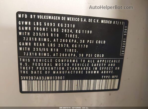 3VV2B7AX3JM013901 2018 VOLKSWAGEN TIGUAN Серый Вид подкапотного пространства