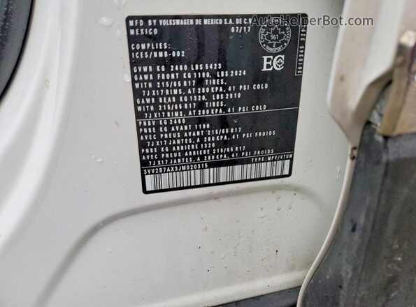 3VV2B7AX3JM020315 2018 VOLKSWAGEN TIGUAN White Вид наклейки з VIN-кодом