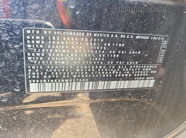 3VV2B7AX3NM027500 2022 VOLKSWAGEN TIGUAN Black Widok naklejki z numerem VIN