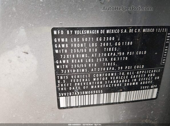 3VV2B7AX3RM069655 2024 VOLKSWAGEN TIGUAN Gray Engine compartment view