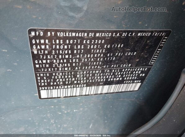 3VV2B7AX4MM019808 2021 VOLKSWAGEN TIGUAN Blue Вид підкапотного простору