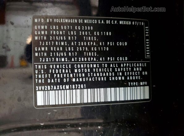 3VV2B7AX5KM187261 2019 VOLKSWAGEN TIGUAN Black Widok naklejki z numerem VIN